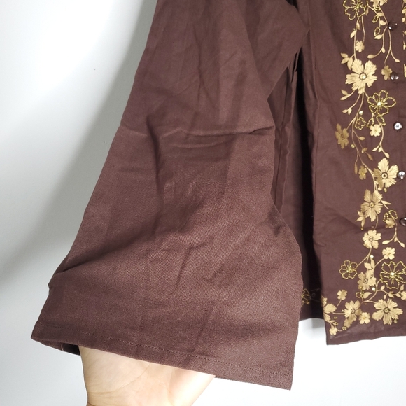 Womens Linen Cotton Top Shirt Size 2X Brown Floral Boho Chic Lagenlook Fall - Picture 5 of 9